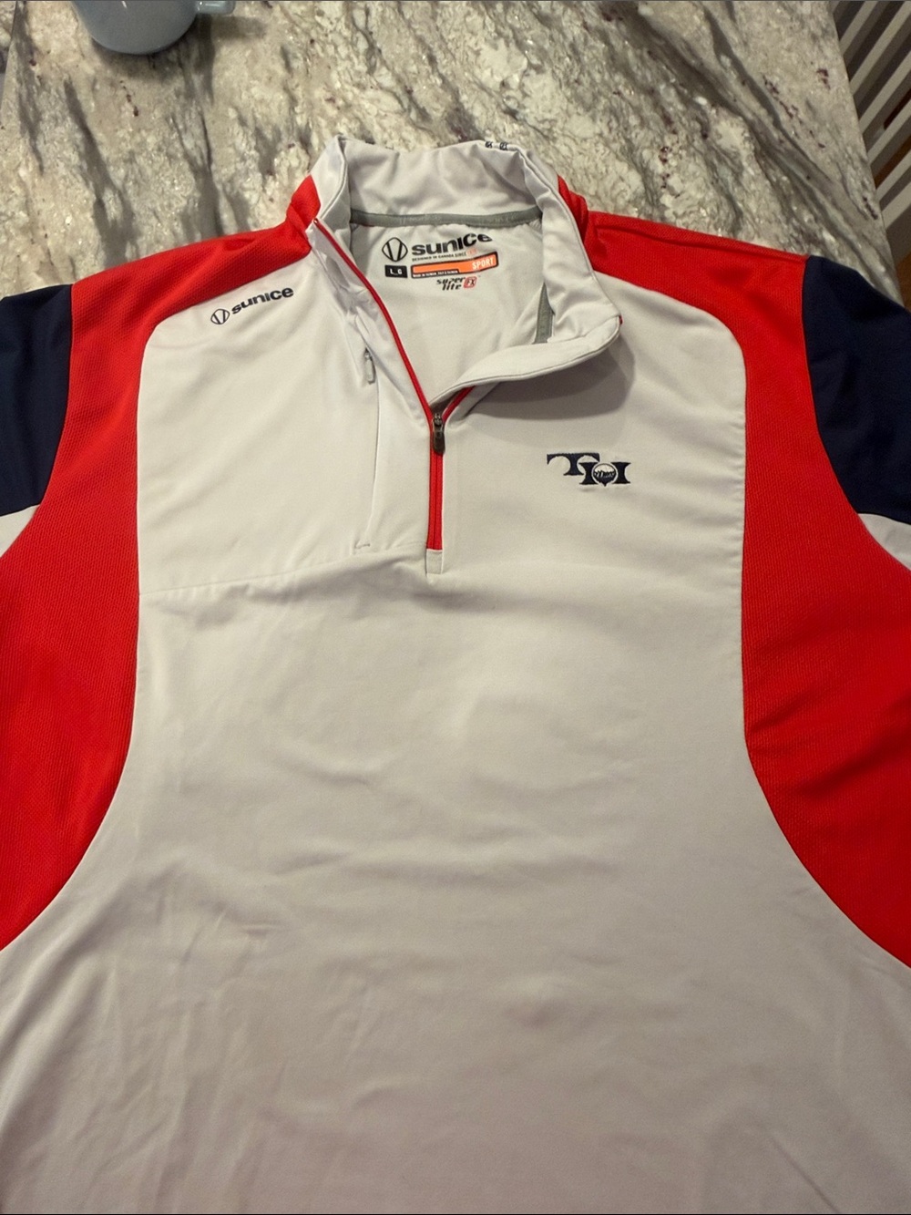 Sunice White Red and Navy Half-Zip Performance Polo
